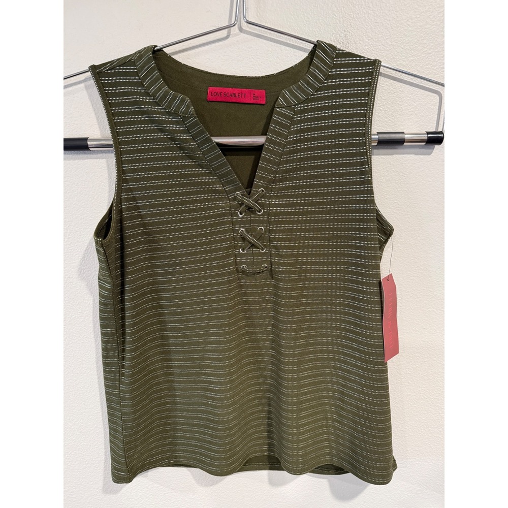 Love Scarlett Olive Green Striped V‎ Neck Lace Up Sleeveless Top Women's Medium
